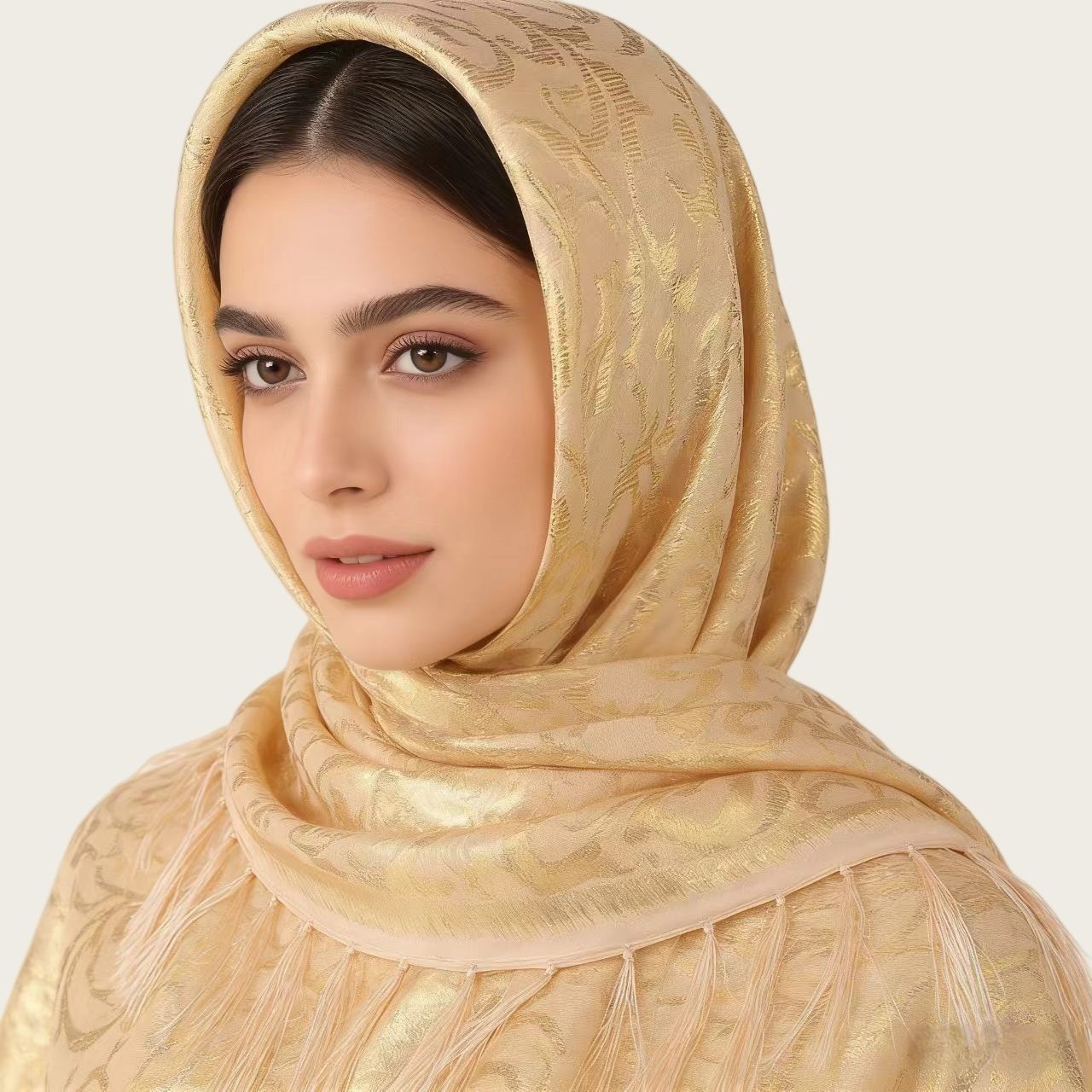 Green Silk Jacquard Tassel Square Hijab Scarf 85x85cm