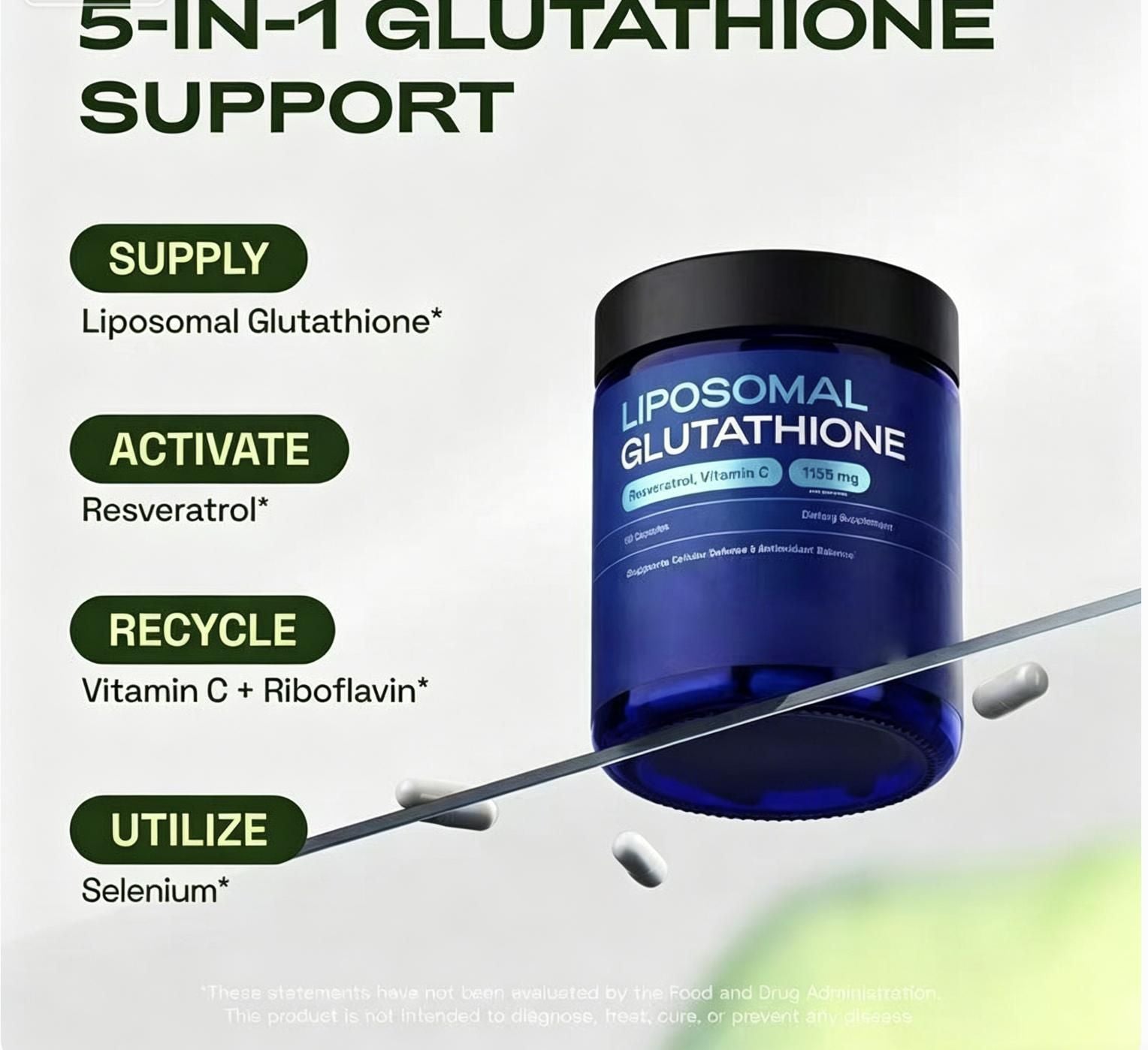Liposomal Glutathione with Resveratrol & Vitamin C Daily Dietary Supplement, 60 Vegetarian Capsules