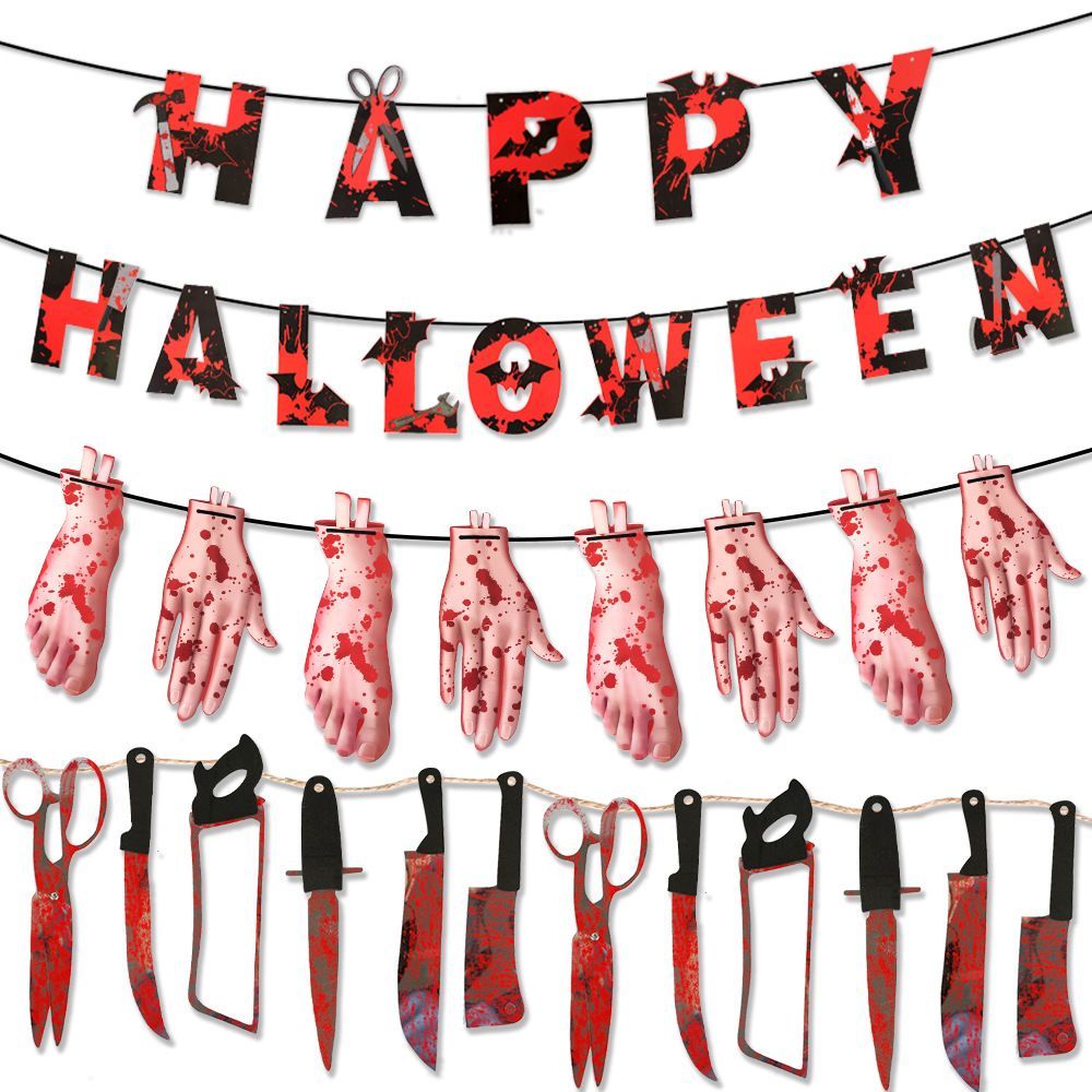 3pcs Halloween Paper Banner Bloody Scary Hanging Decoration Party Supplies