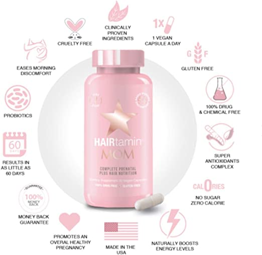 HAIRtamin Mom فيتامينات طبيعية نباتية متعددة للأمهات الحوامل تحتوي على البيوتين والبروبيوتيك وفيتامين B-6 والحديد، الأفضل بعد الولادة