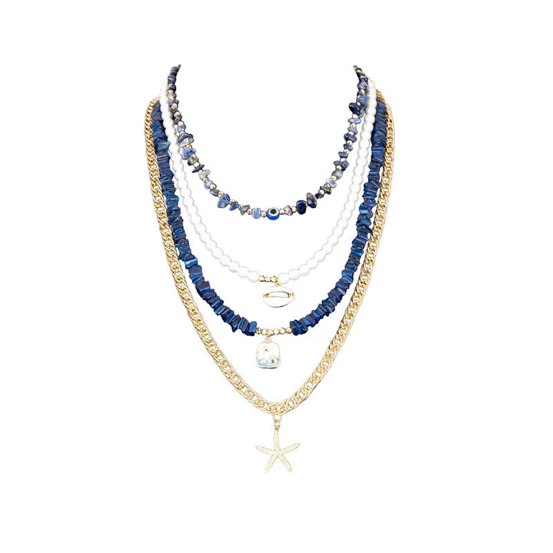 The Dark Layered Blue Beaded Necklace Set with Evil Eye & Starfish Charm Sale price