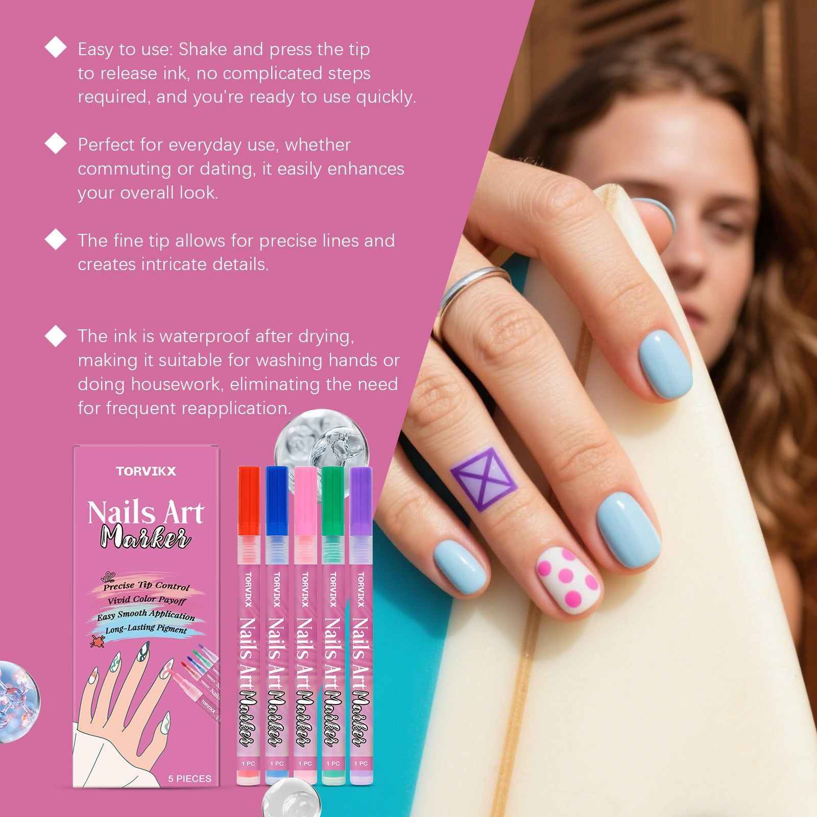 Bright Waterproof Nail Art Graffiti Pen, Easy DIY Manicure, Multi-Color, Professional Quality ,5pieces