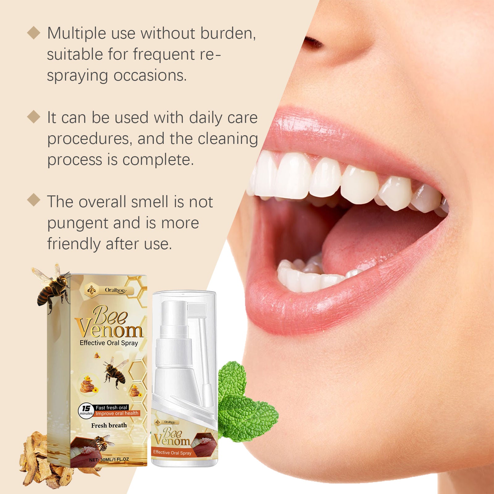 Bee Venom Mouth Spray, Fresh Breath, Long-Lasting, Non-Sticky, Easy to Use ,30ml
