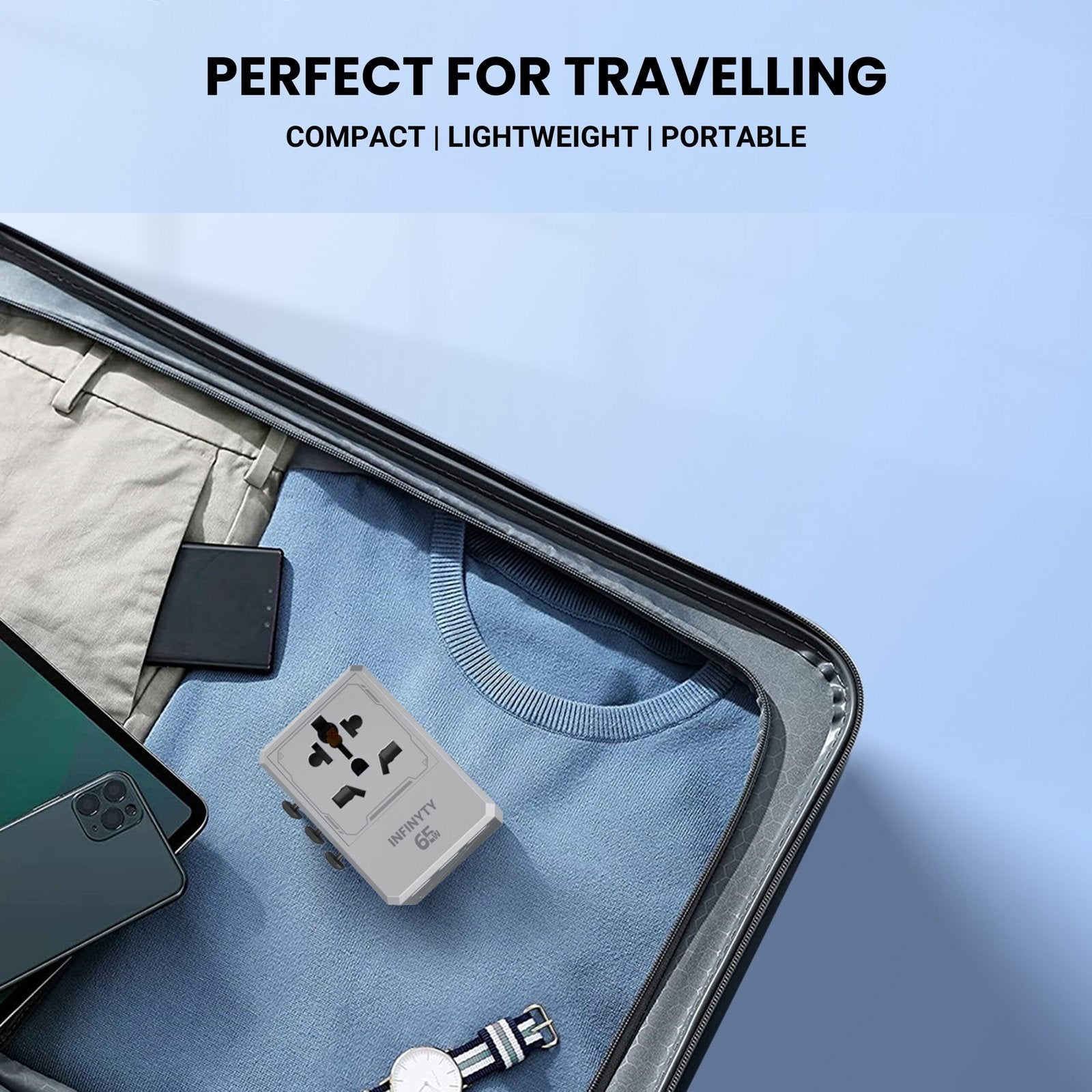 محول سفر عالمي Infinyty Y127-Max PD65W، 65W GaN Atlas65، فضي