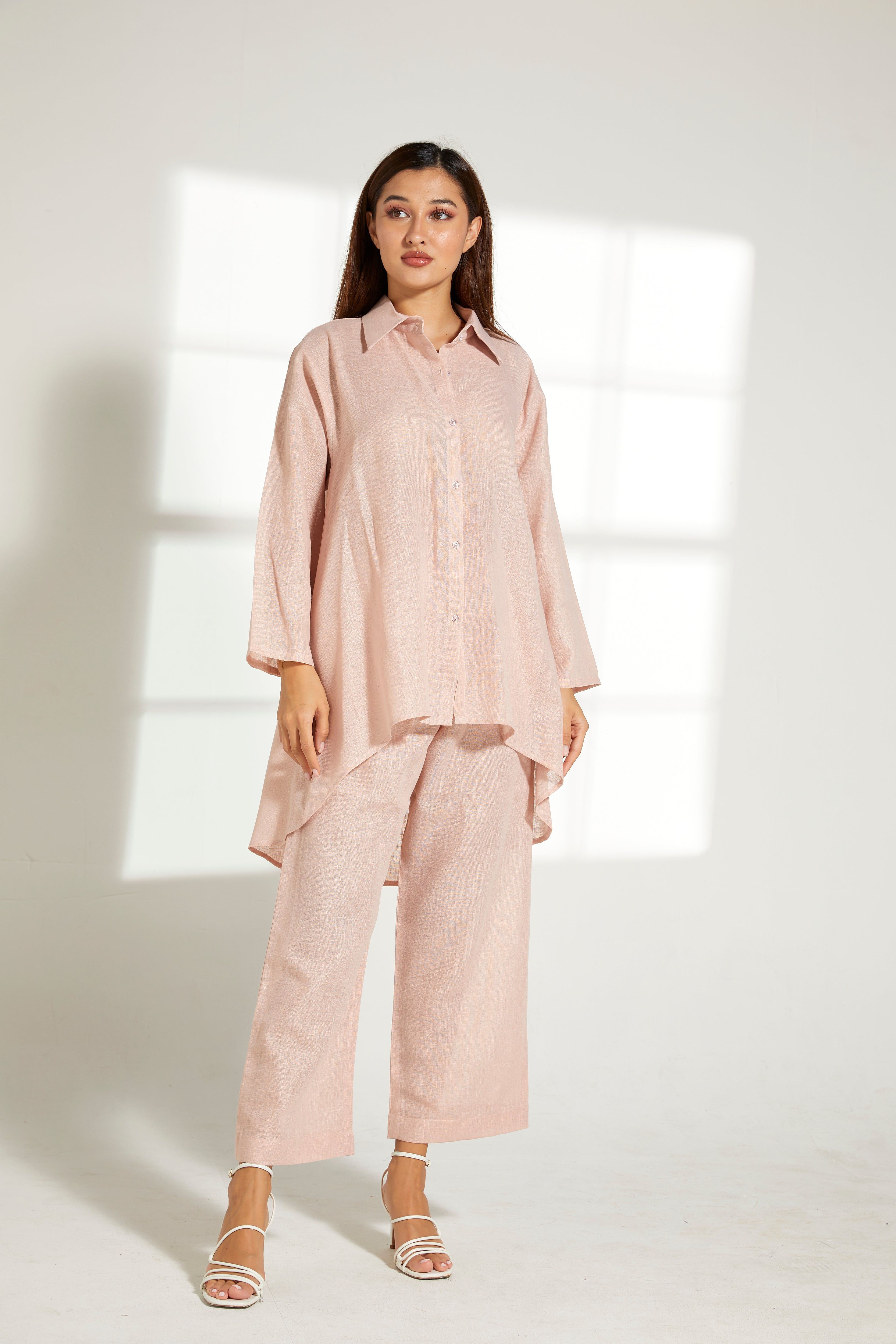 MOiSTREET Peach Linen Fabric Top and Pants Set