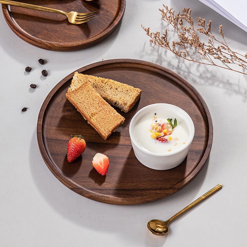 Wooden Round Serving Tray Dinner Plates Cup Holder Dessert Snack Food Tray