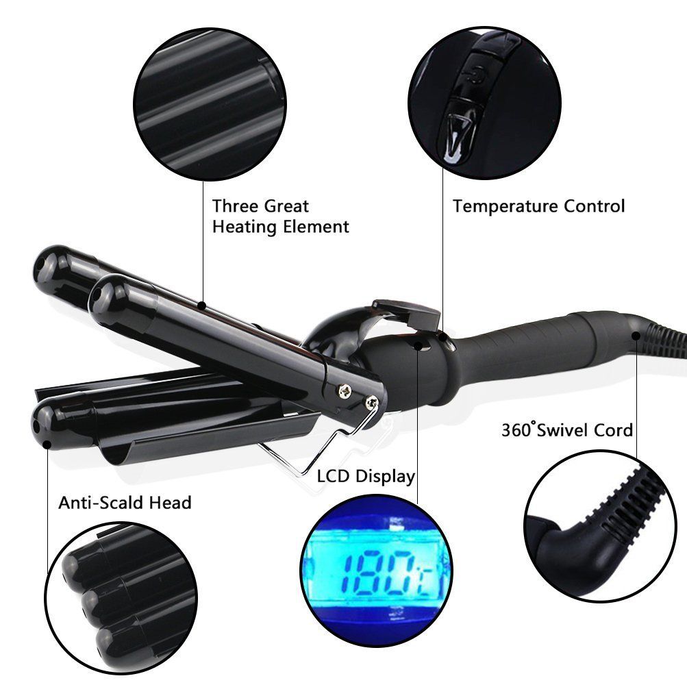 3 Barrel Hair Waver 25mm Curling Iron Wand Hair Crimper With LED Temperature Display
