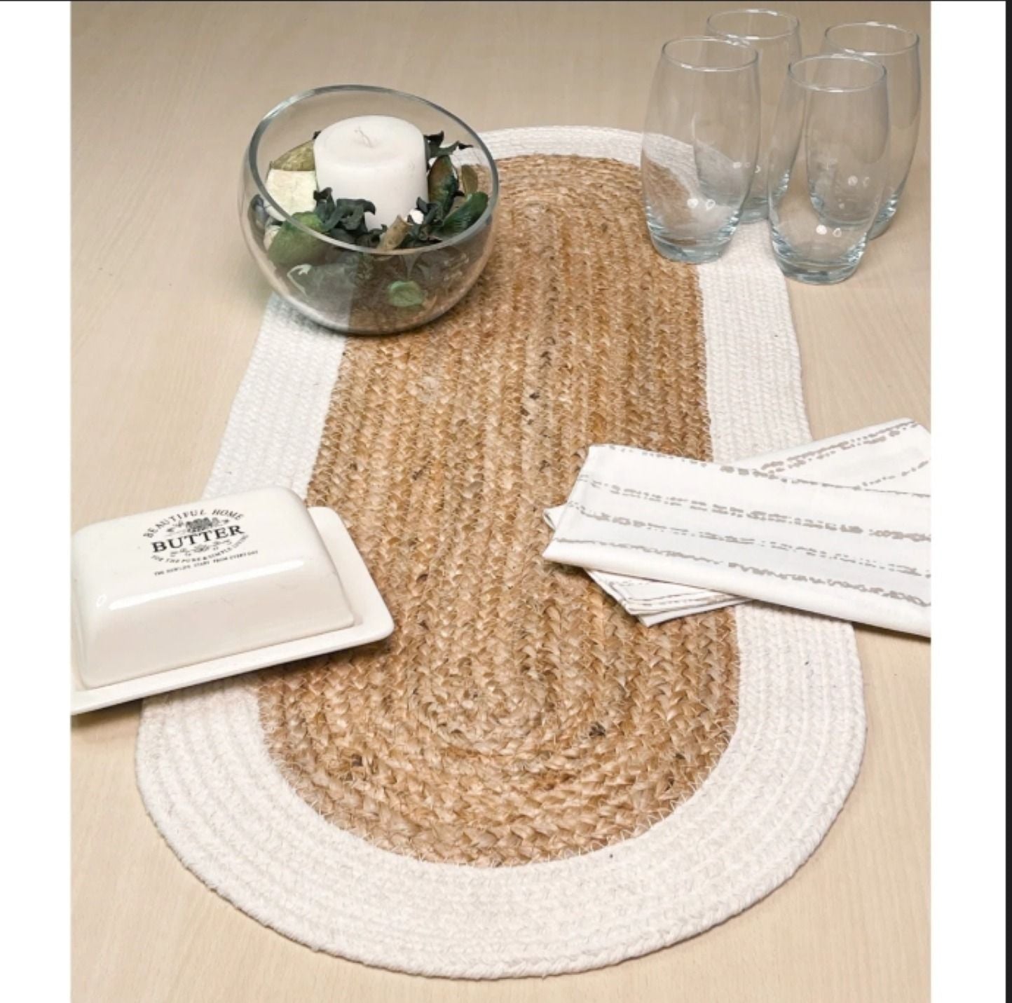 4 pcs Round Heat Resistant Dining Table Runner for Dining TaLive Beautiful ! Heat Resistant Natural Jute Braided Dining Table Runner Rustic Farmhouse Decor (Beige/White, 13X36 inch Oval)ble
