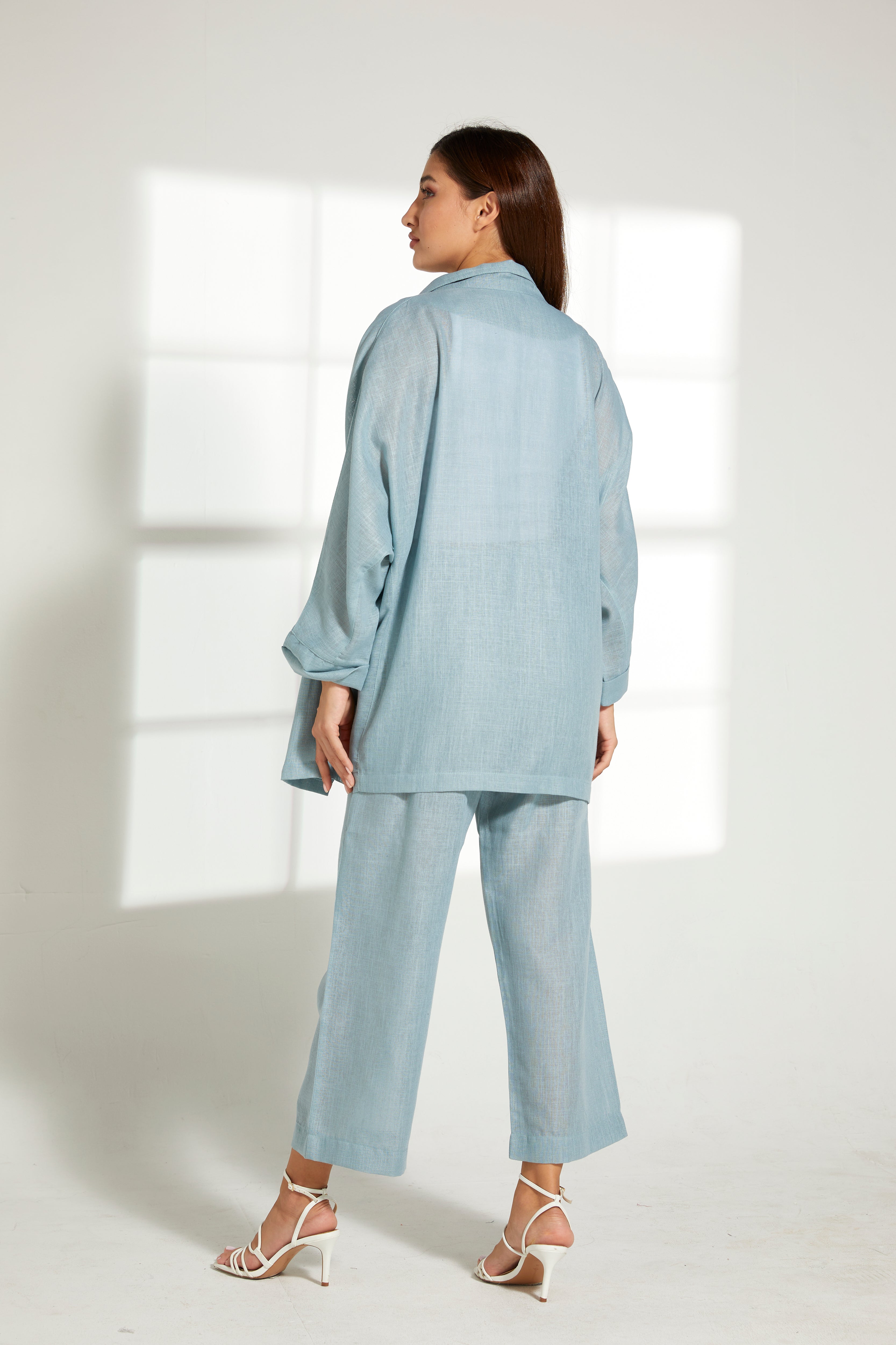 MOiSTREET Turquoise Linen Fabric Top and Pants Set