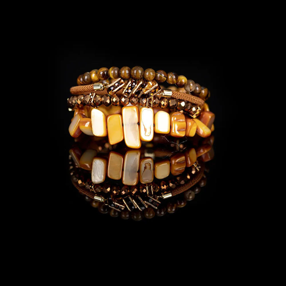 The Dark The Golden Ember Brown & Amber Stone Layered Bracelet Set