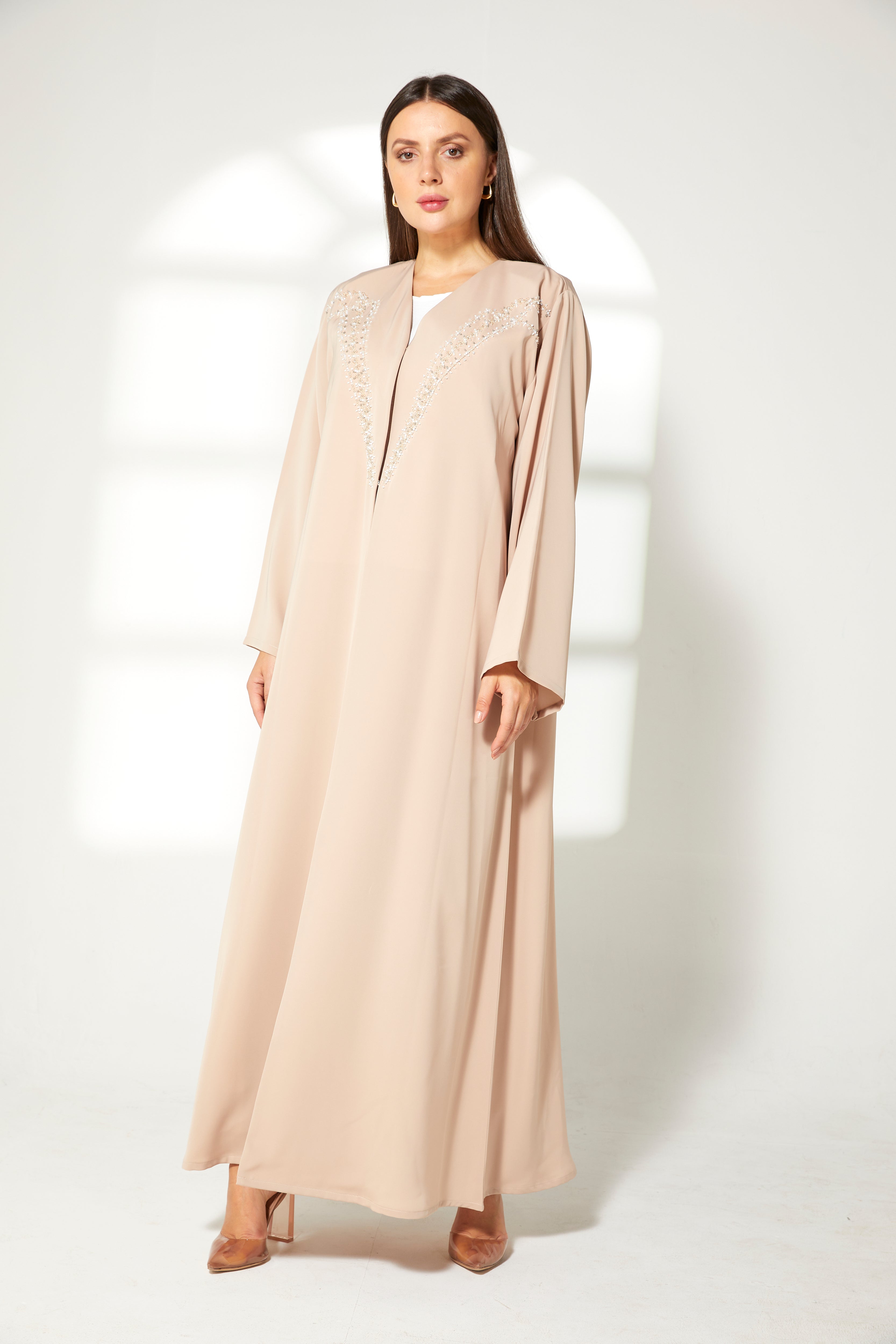 MOiSTREET Beige Korean Nida  Embroidered Abaya