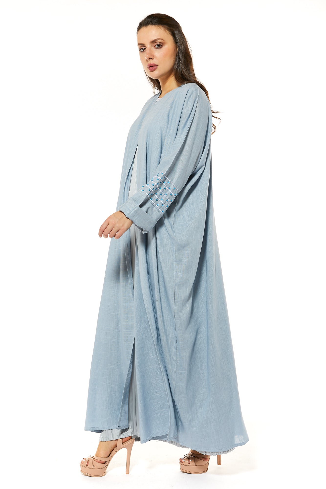 MOiSTREET Blue Linen Abaya with Threadwork