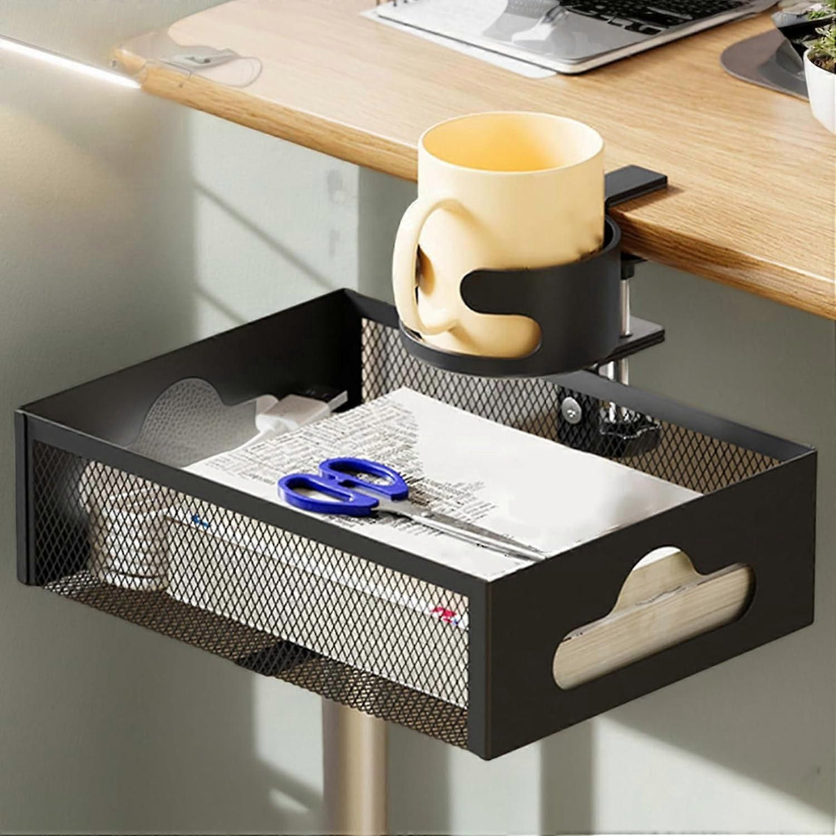 Under Desk Organizer with Cup Holder Clamp On Rotating Storage Tray for Pens Bottles Notebooks