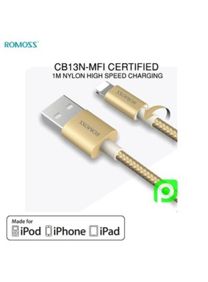 كابل ROMOSS CB13N USB MFI Lightning مجدول بالنايلون 1 متر - ذهبي شحن عالي السرعة