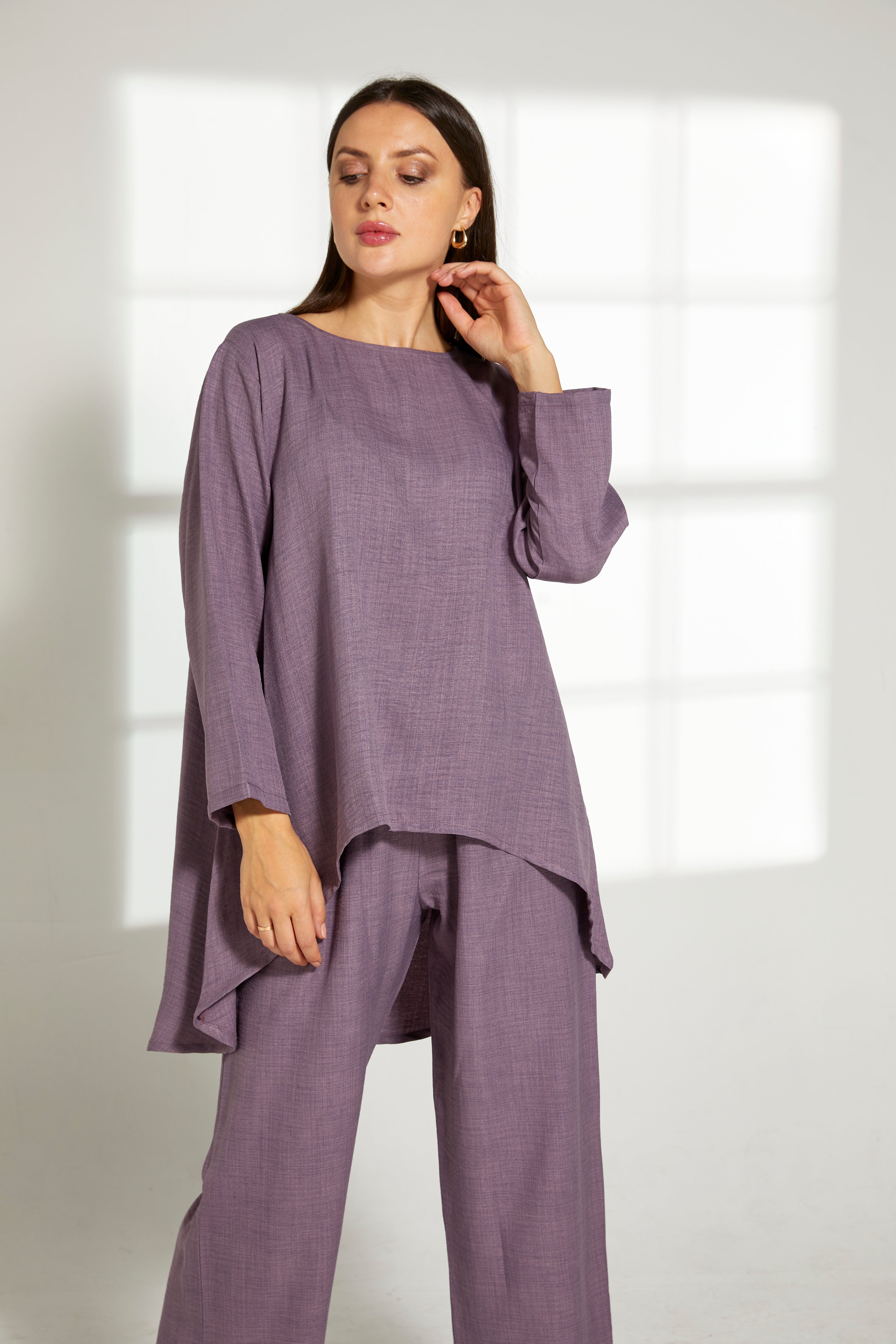 MOiSTREET Purple CEY Mélange Fabric Top And Pants set