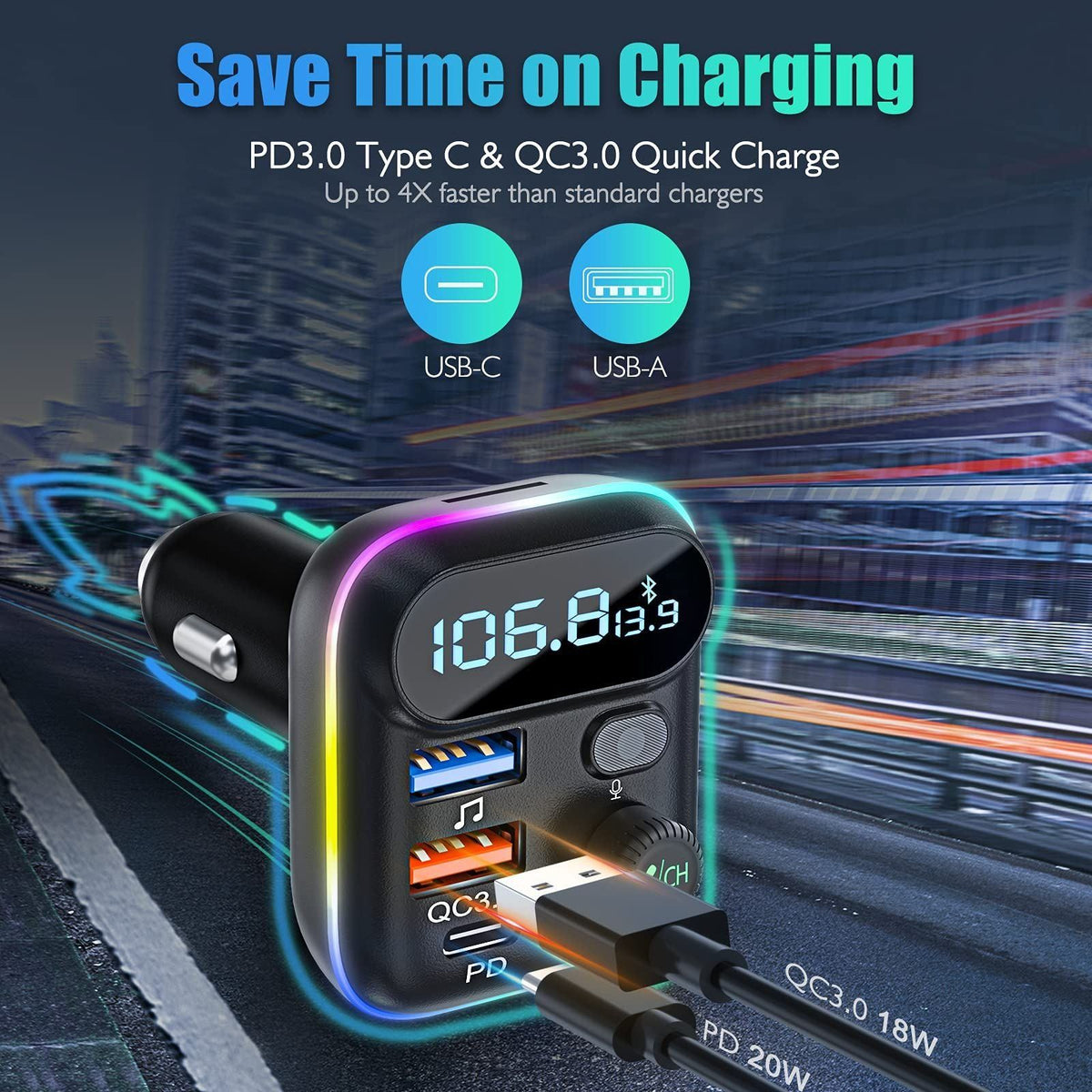Car FM Transmitter Bluetooth Car MP3 Player Adapter Car Fast Charger With Mic