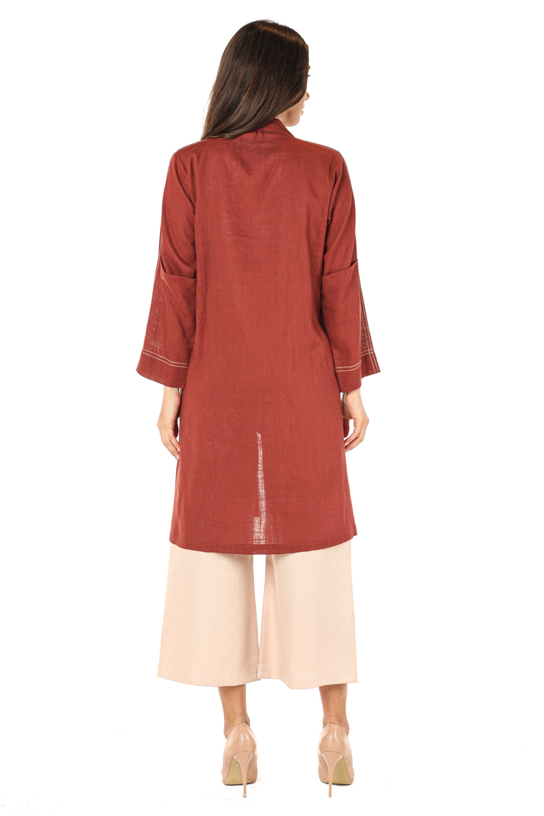 MOiSTREET Maroon Linen Fabric With Crepe Top And Pants