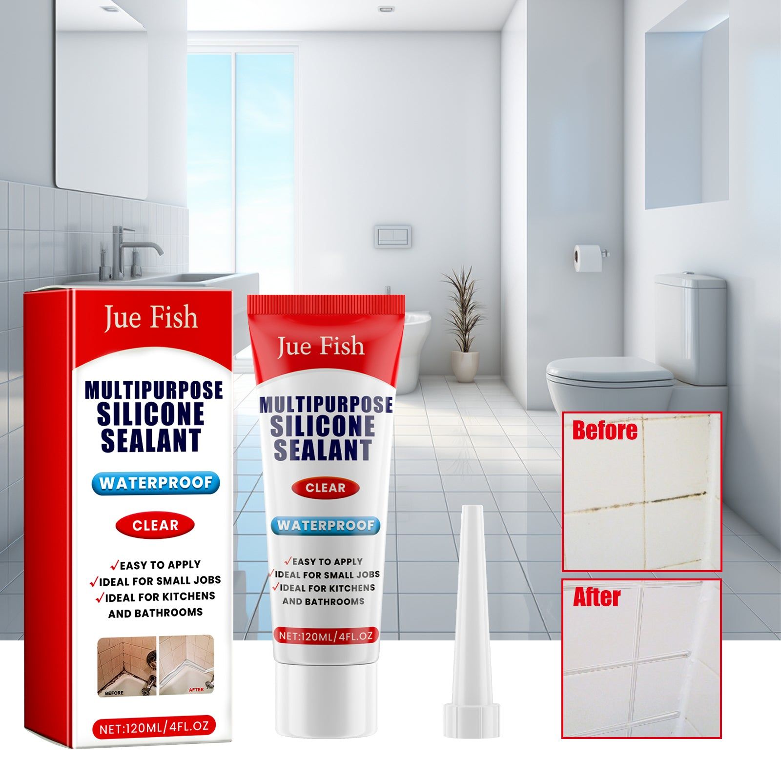 Premium Multipurpose Silicone Sealant, Waterproof, Moldproof, Kitchen Bathroom, Easy to Use ,120ml