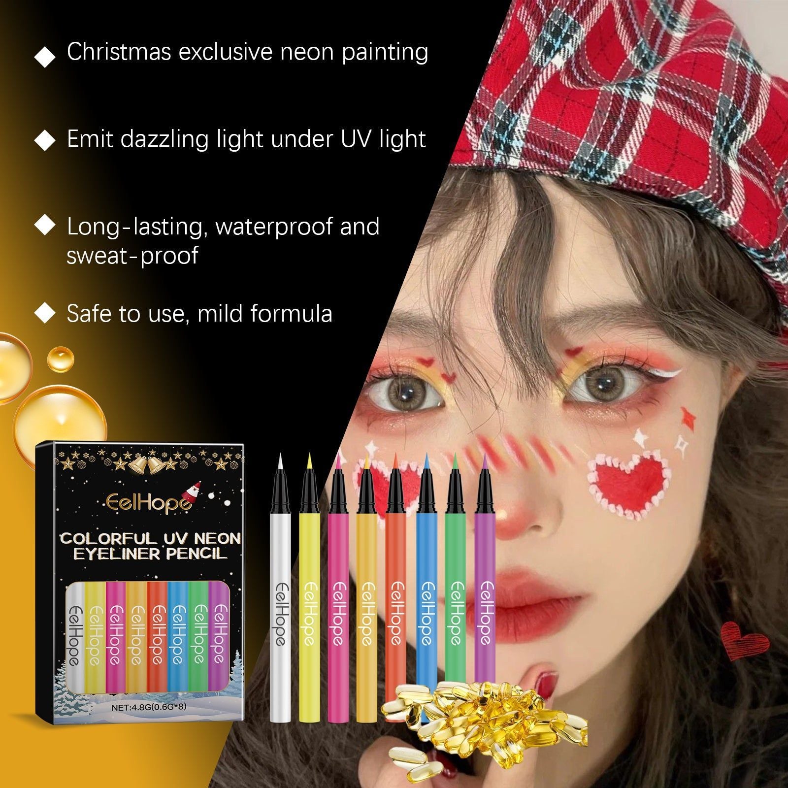 8-Color Neon UV Liquid Eyeliner, Long-Lasting, Quick-Drying, Festival Makeup Products ,4.8g