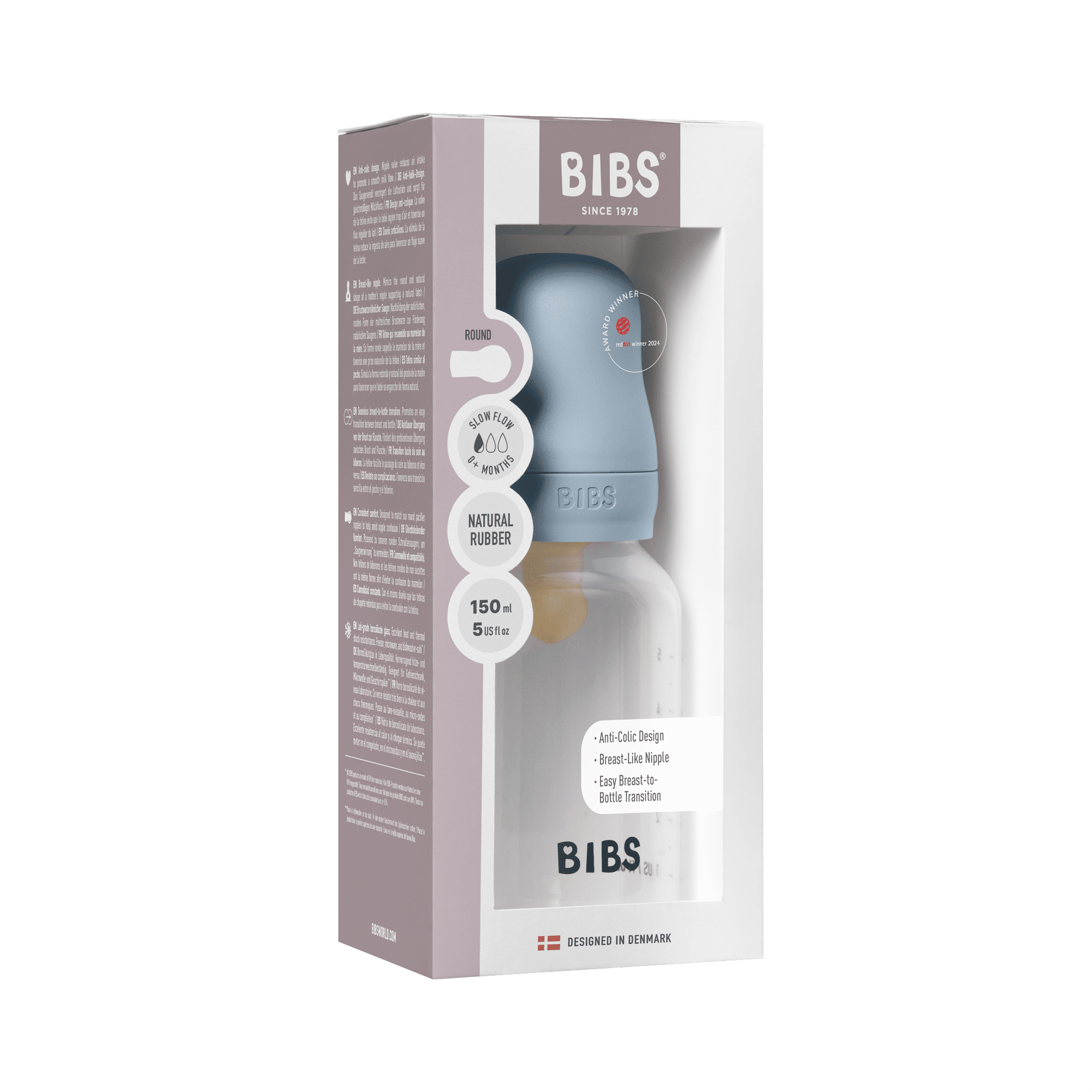 BIBS Baby Bottle with Round Latex Nipple – 150 ml Slow Flow | Baby Blue