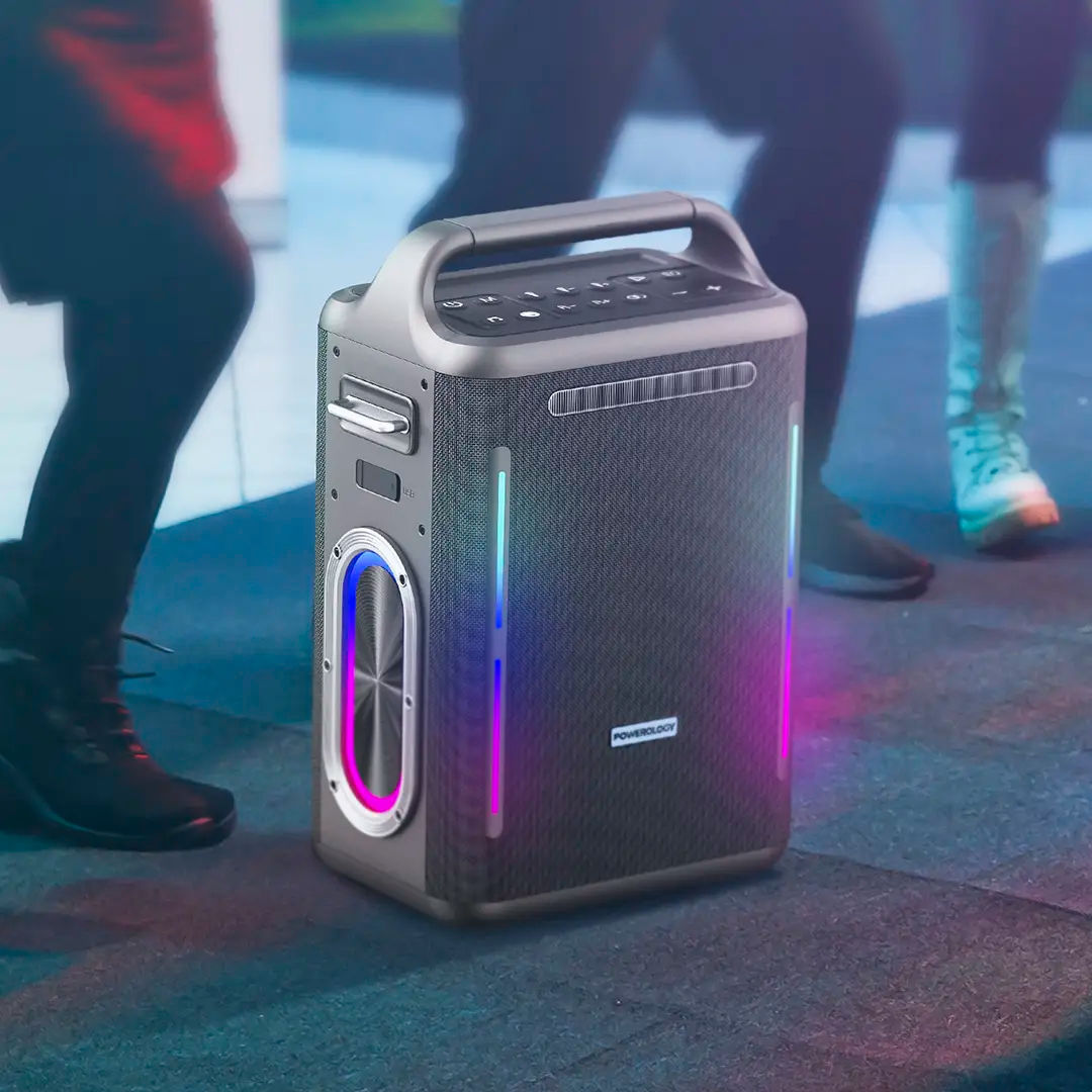 Powerology Karaoke Party Speaker, 300W Max Output, Bluetooth V5.3, 30000mAh Battery, Silver