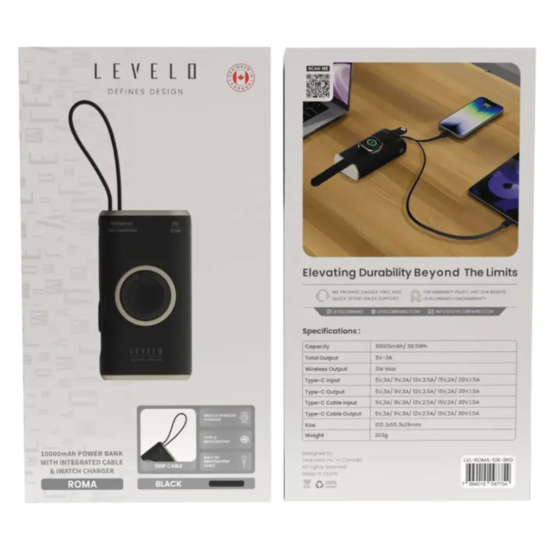 Levelo Roma 10000mAh Power Bank With Integrated Cable & Apple Watch Charger, Fast Charging
