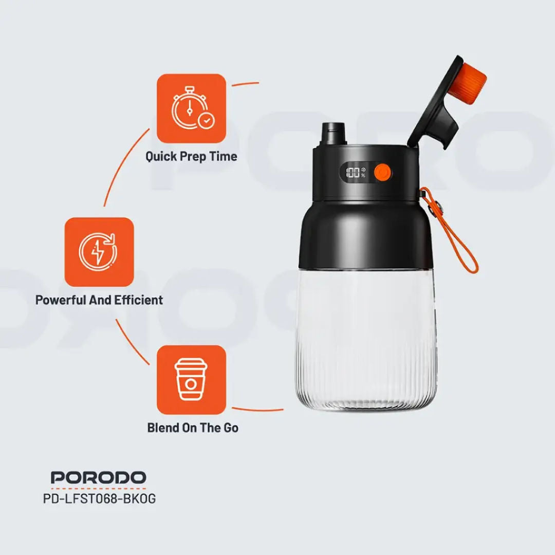 Porodo Lifestyle Blend & Sip Portable Blender, Black/Orange