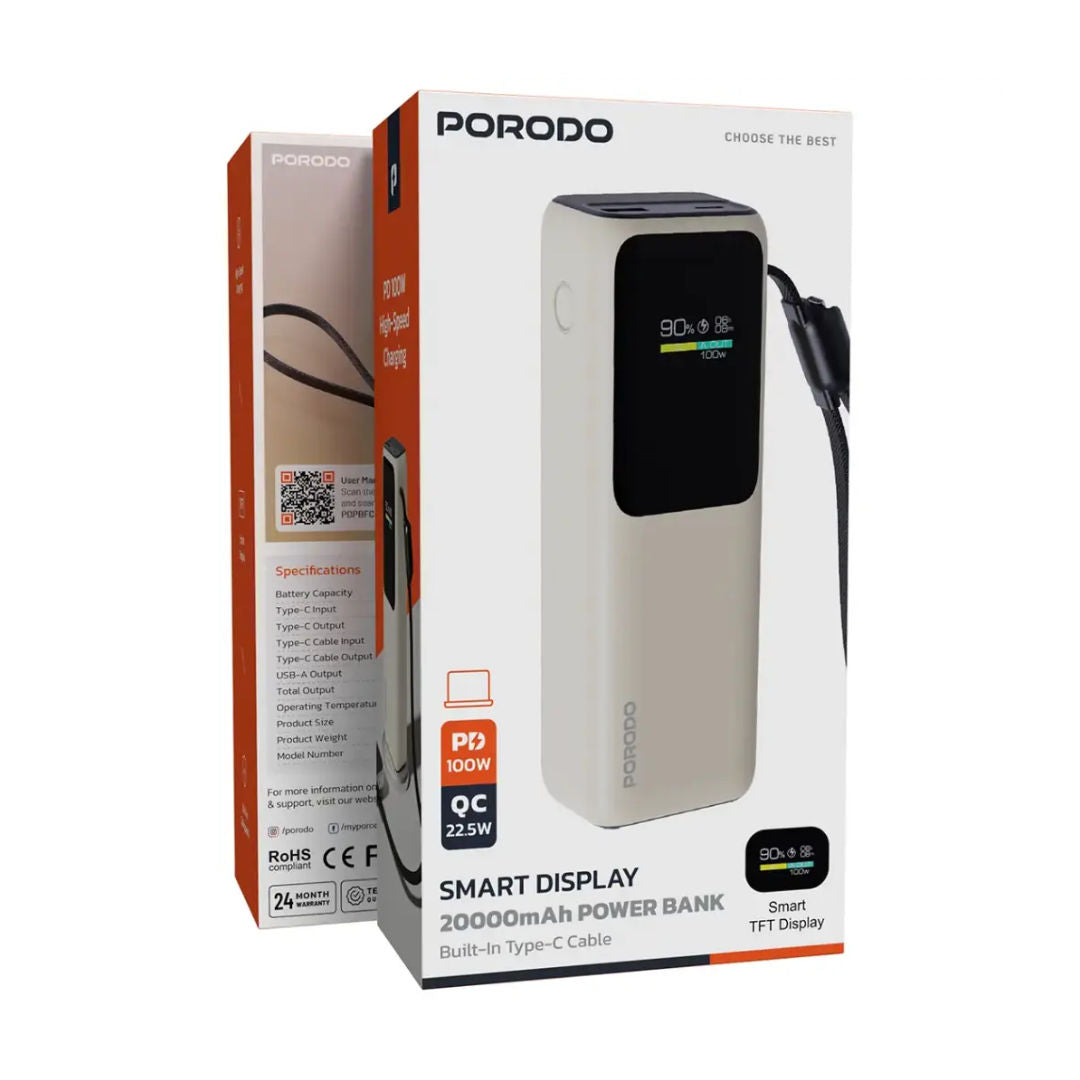 Porodo Smart Display Power Bank 20000mAh with Built-In Type-C Cable, PD Fast Charging, Beige