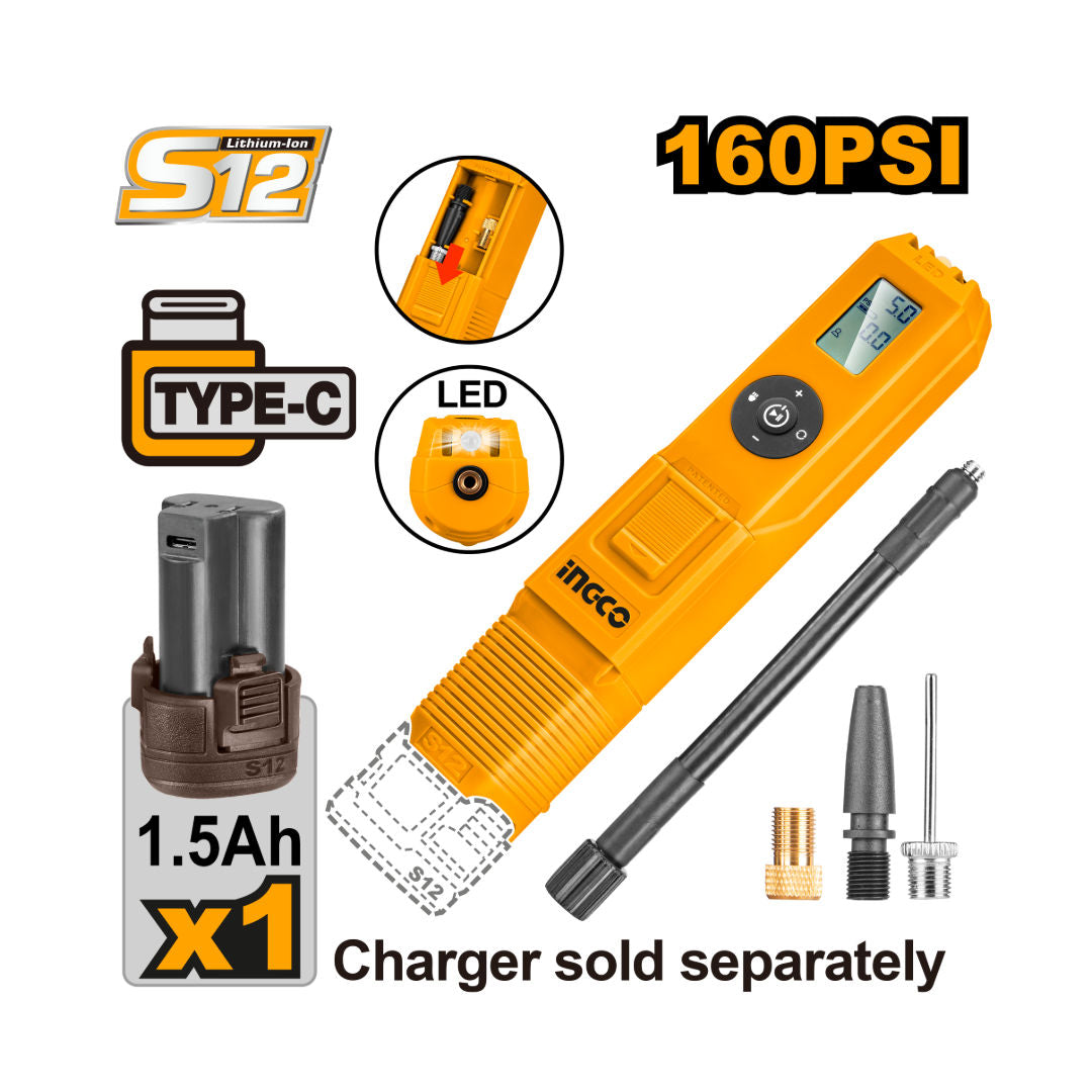 INGCO 12V Cordless Auto Air Compressor, 160 PSI with LCD Display, LED Light & USB-C Battery