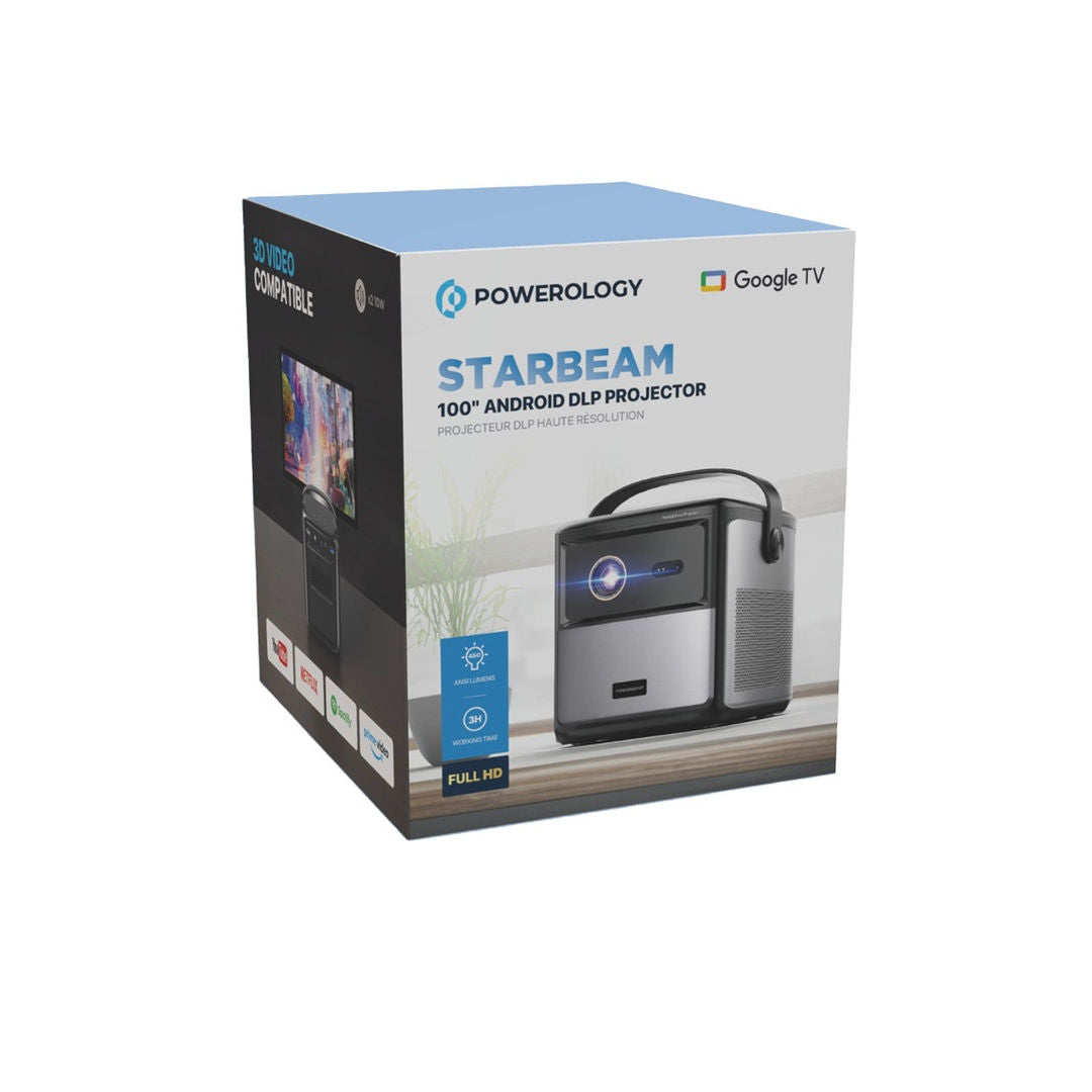 Powerology Starbeam Google DLP Projector, 100", Google TV, Auto Focus, Black