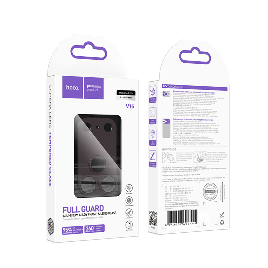 Hoco V16 Armor Metal Integrated Lens Glass for iPhone 18 Pro Max, 3D Full Coverage, Aluminum Alloy Protection