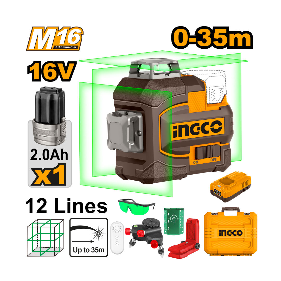 INGCO 16V Cordless 3D Green Laser Level Kit, 360° Horizontal & Dual 360° Vertical Lines, 35 m Range, Remote Control, 2.0Ah Battery & Charger
