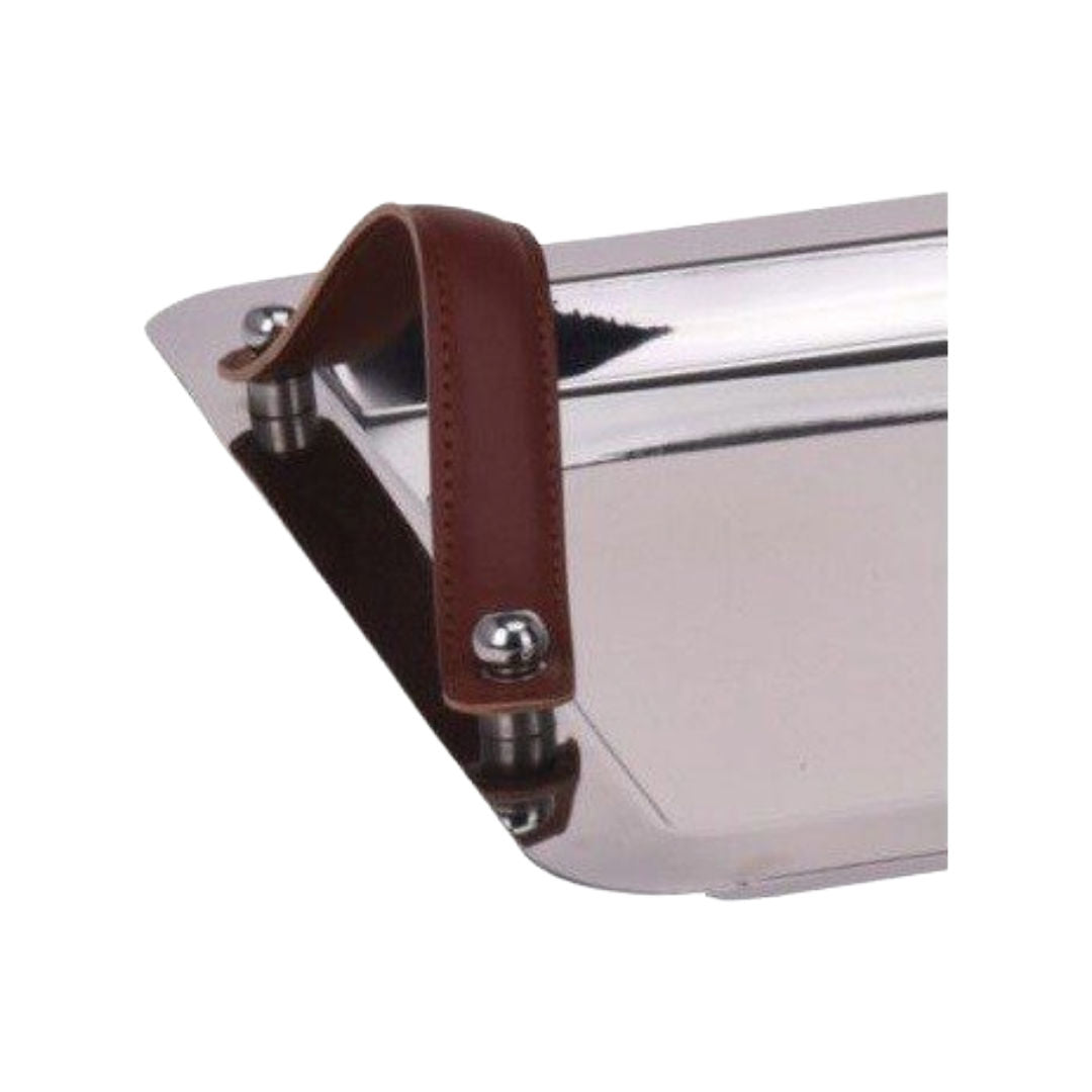 Rectangular Stainless Steel Serving Tray with Brown Faux Leather Handles