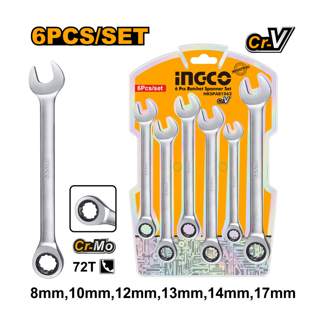 INGCO 6-Pieces Ratchet Spanner Set Sizes