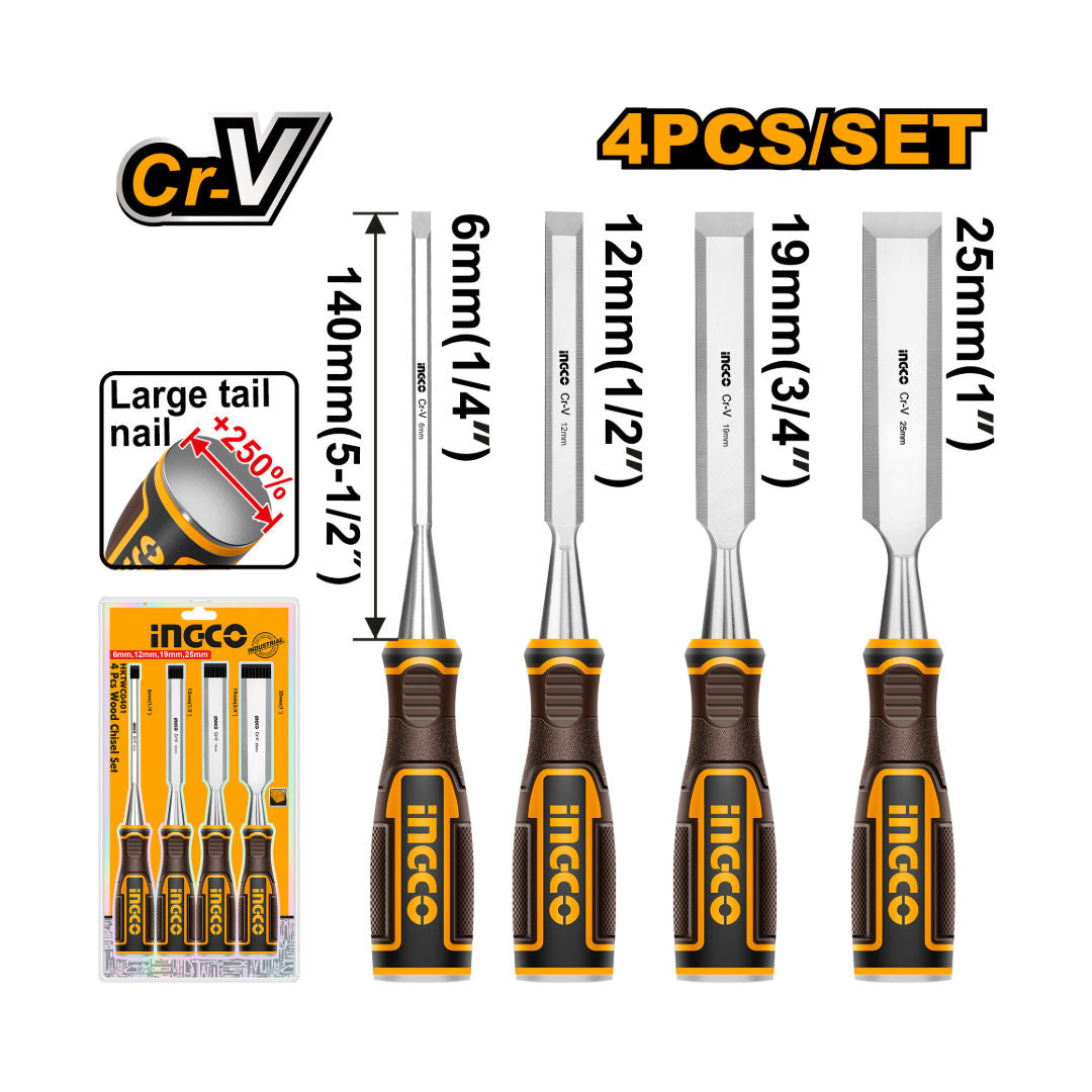 INGCO 4-Pieces Wood Chisel Set, Cr-V steel