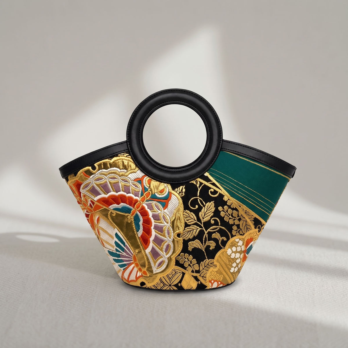 Jamila Designer Mulberry Silk Tote Bag, Japanese-Inspired Embroidery with Round Handles