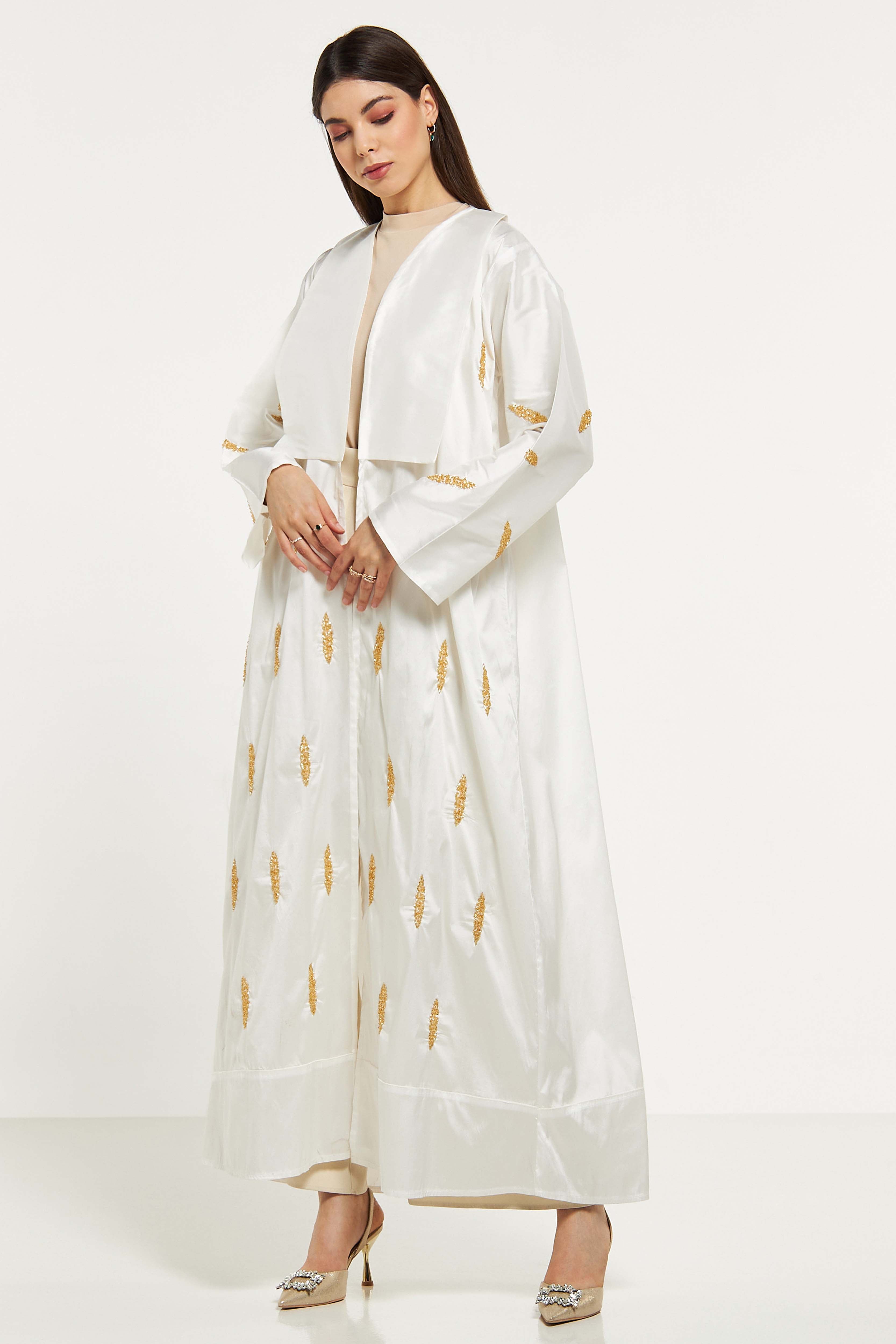 MOiSTREET Bead Embellished Abaya with Solid Panel Overlay and Sheila