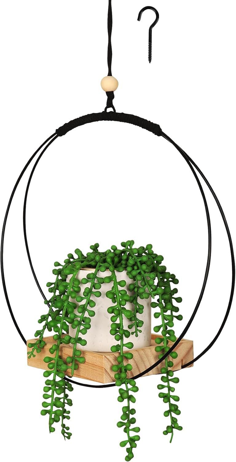 Macrame Plant Hanger with Wooden Base Flower Pot Planter Basket Holder