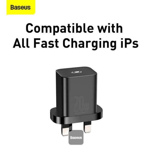 شاحن سريع Baseus 20W Super Si 1C مع كابل 1M، أسود