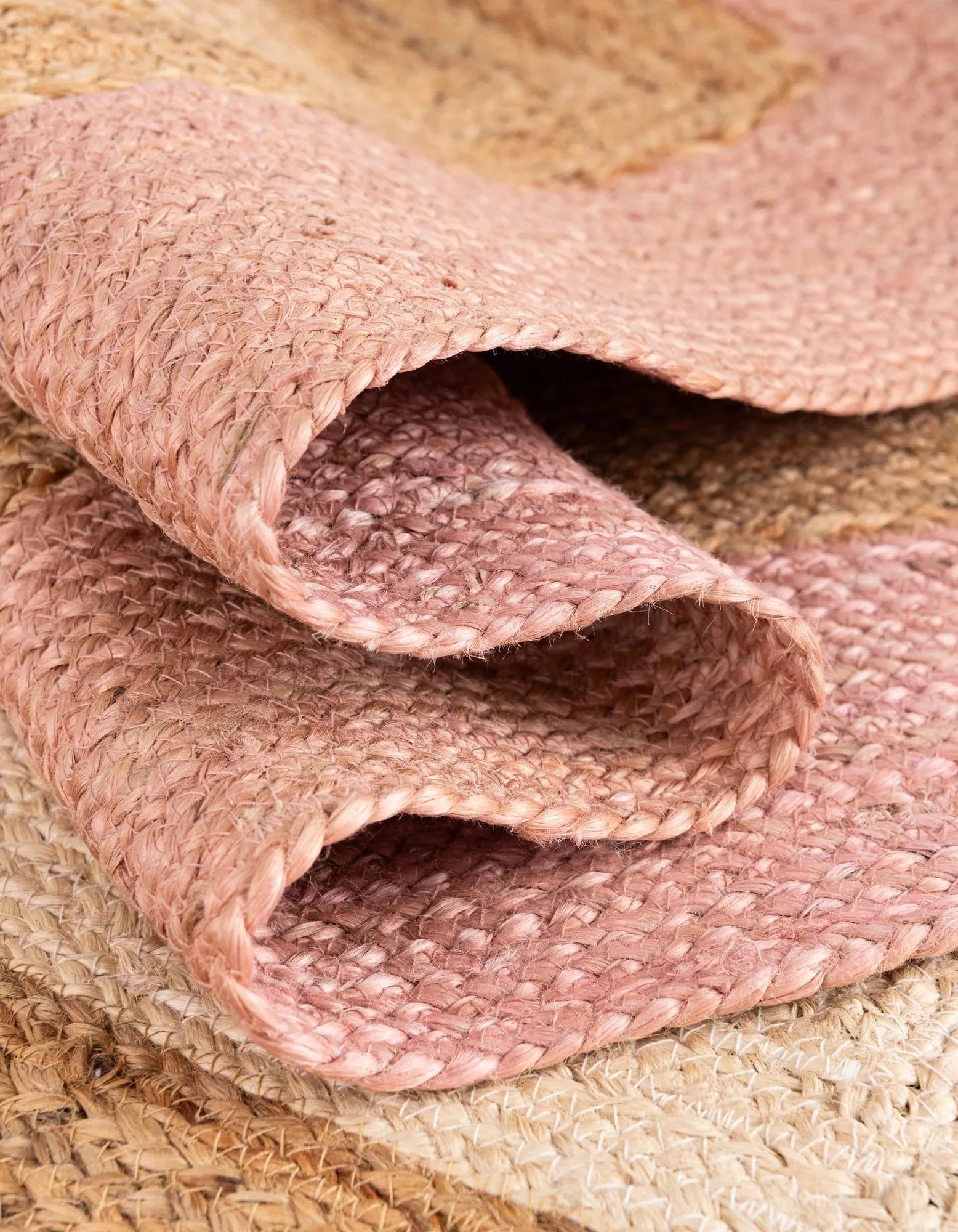 Blush Pink & White Border Round Jute Rug | Handwoven Natural Round Area Carpet
