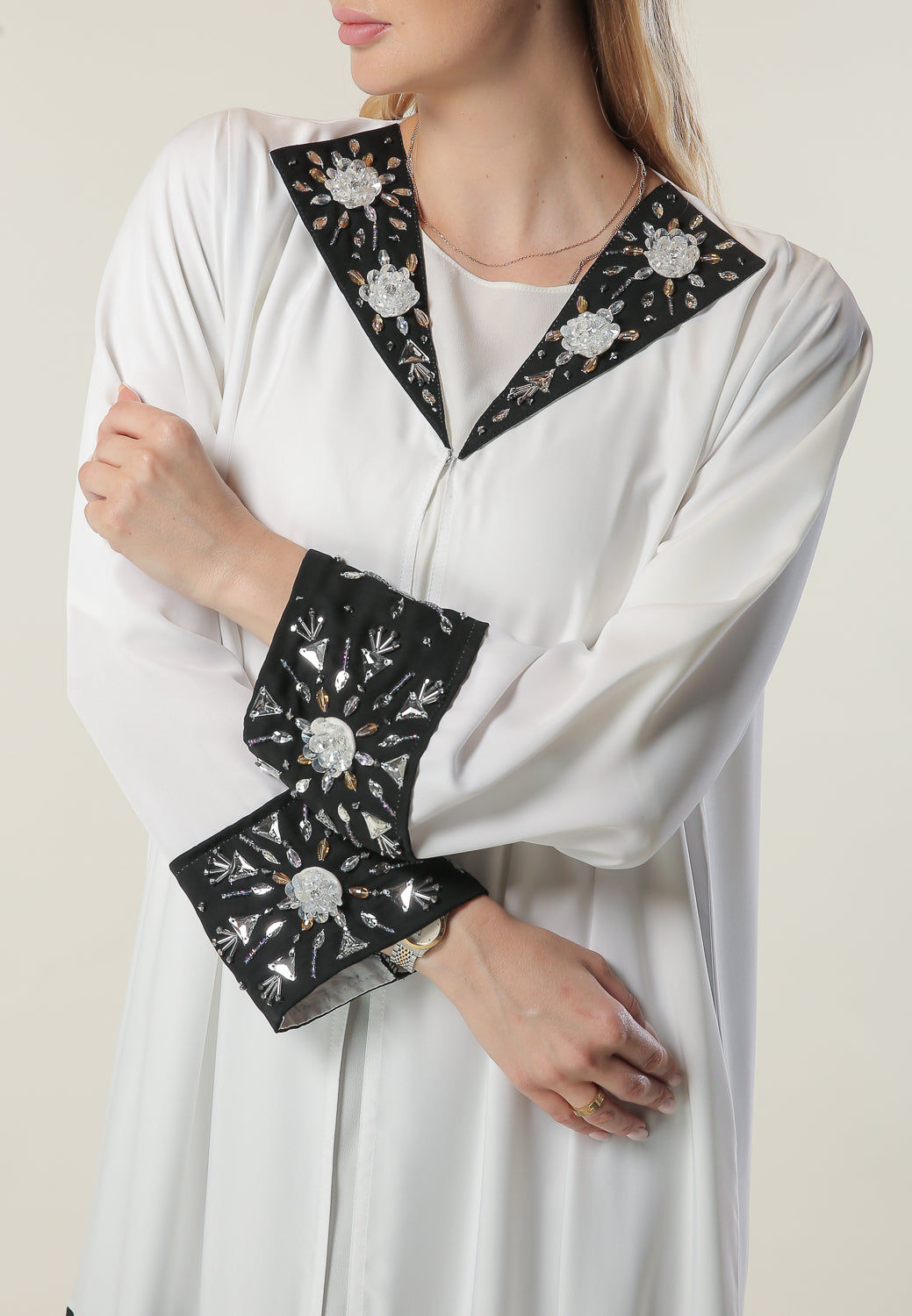 MOiSTREET Black & White Abaya with Hand Embroidery