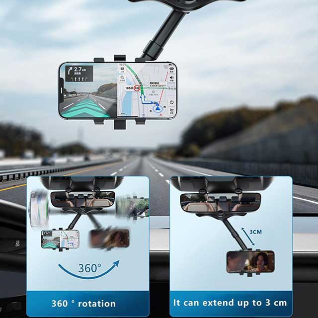 360° Rearview Mirror Car Phone Holder - Adjustable Dashboard Mount for Safe & Convenient Hands-Free Driving