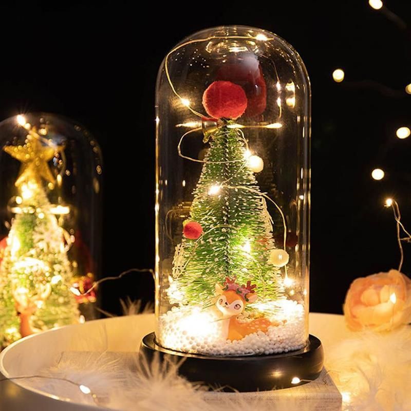 LED Christmas Tree In Glass Cover Tabletop Decoration Night Light Bedside Lamp Ornament