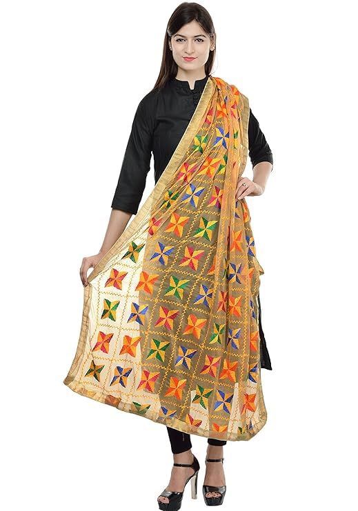 Punjabi Hand Embroidery Phulkari Faux Chiffon Dupatta, Stoles