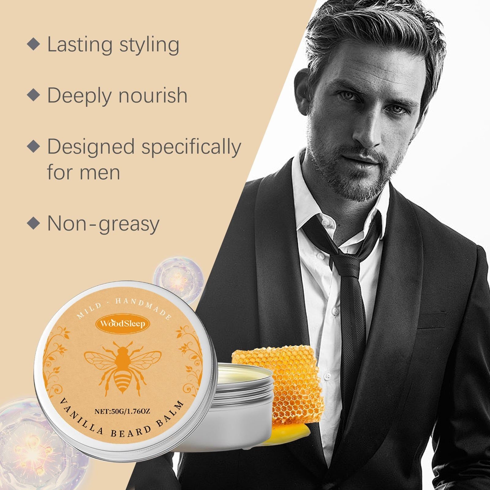 Gentle Nourishing Soft Beard Balm, Men's Beard Care, Fragrance, Shine, Style ,50g