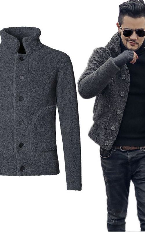 Men Winter Furry Jacket Warm Short Slim Cardigan Casual Thick Coat With Pocket