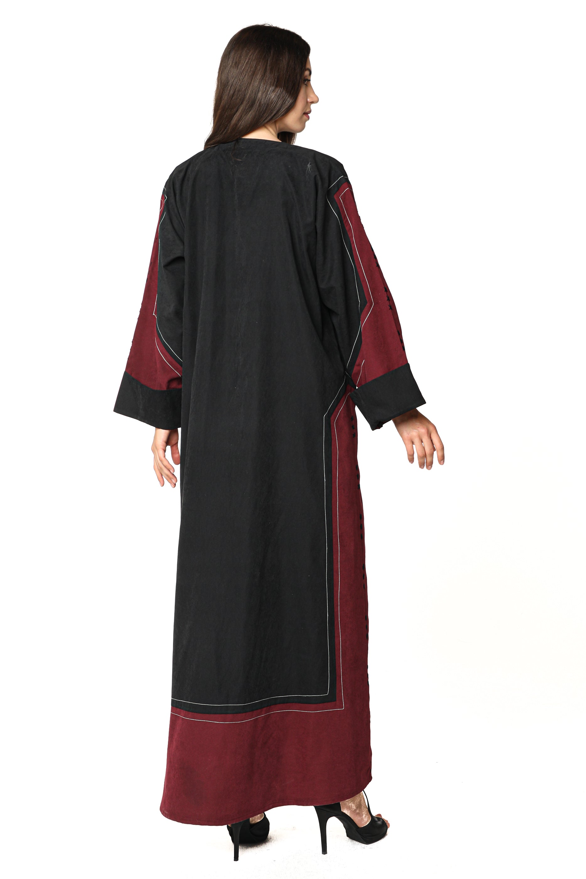 MOiSTREET Black and Maroon Shamua Abaya with Thread Work