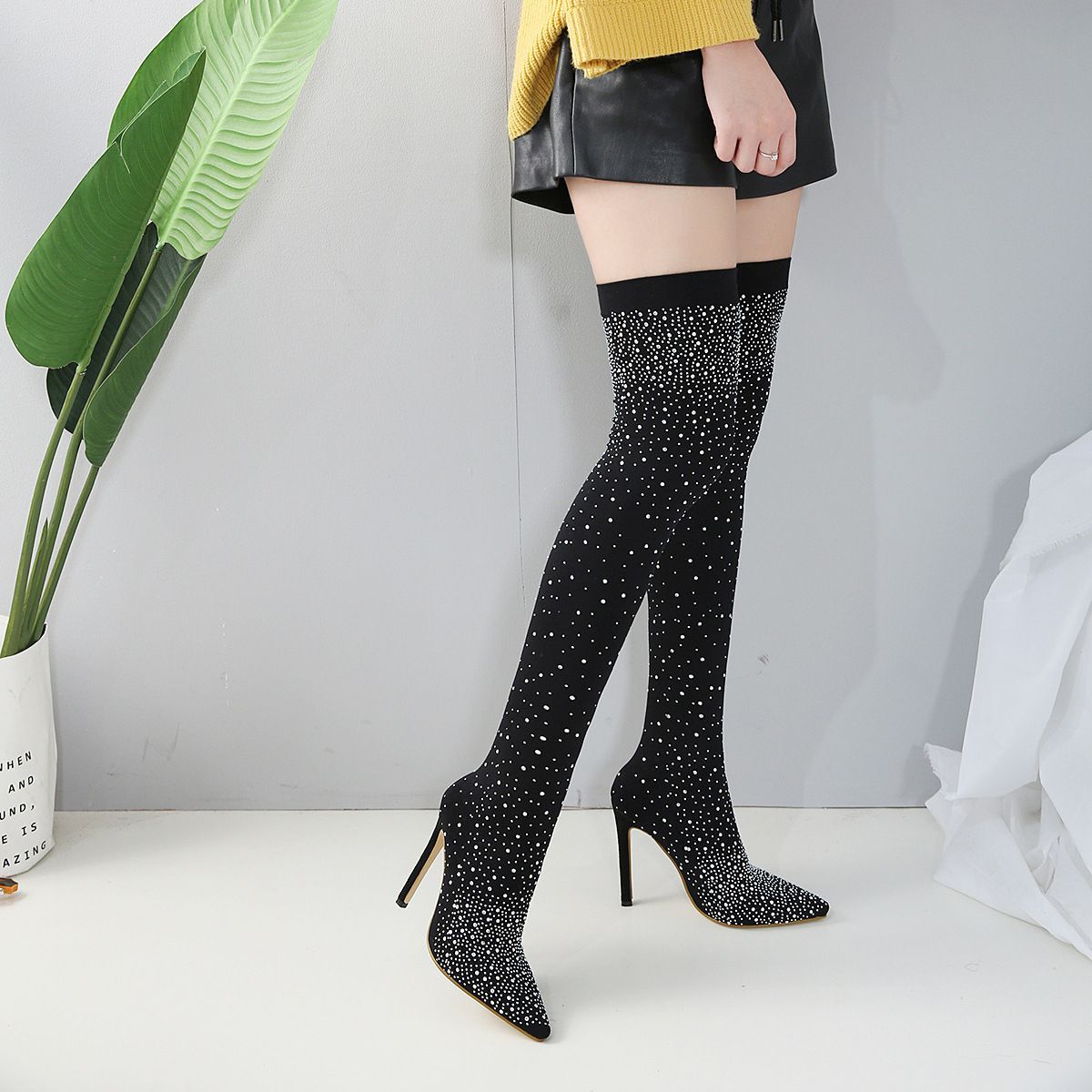 Crystal Fabric Over-the-Knee Pointed Toe 11cm Heel Boots for Women