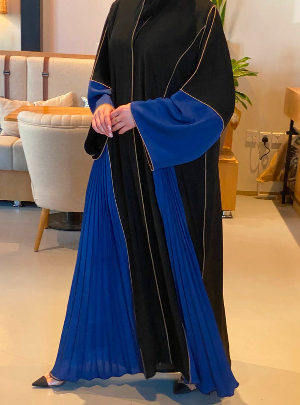 MOiSTREET Black & Blue Nida Abaya with Piping Detailing