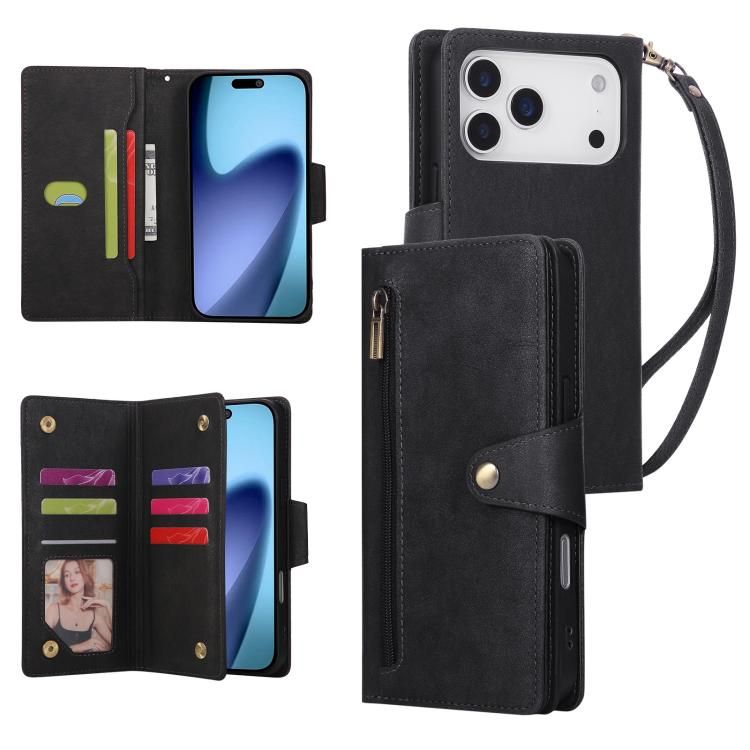 For iPhone 18 Pro Max / iPhone 17 Pro Max Rivet Buckle 9 Cards Three Fold Leather Phone Case